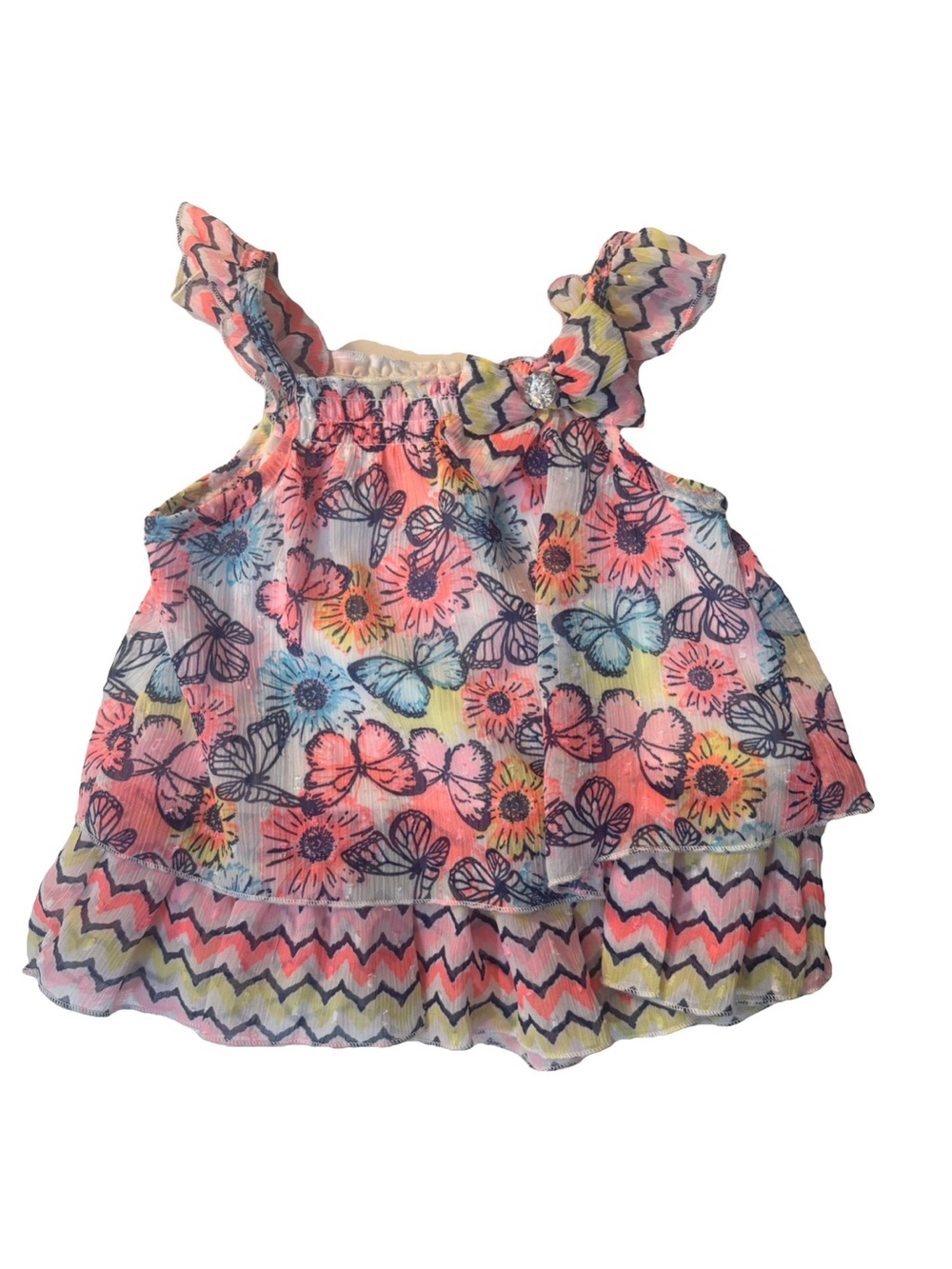 Little Lass Butterfly & Floral Ruffle Tank Top - Pink Blue Yellow